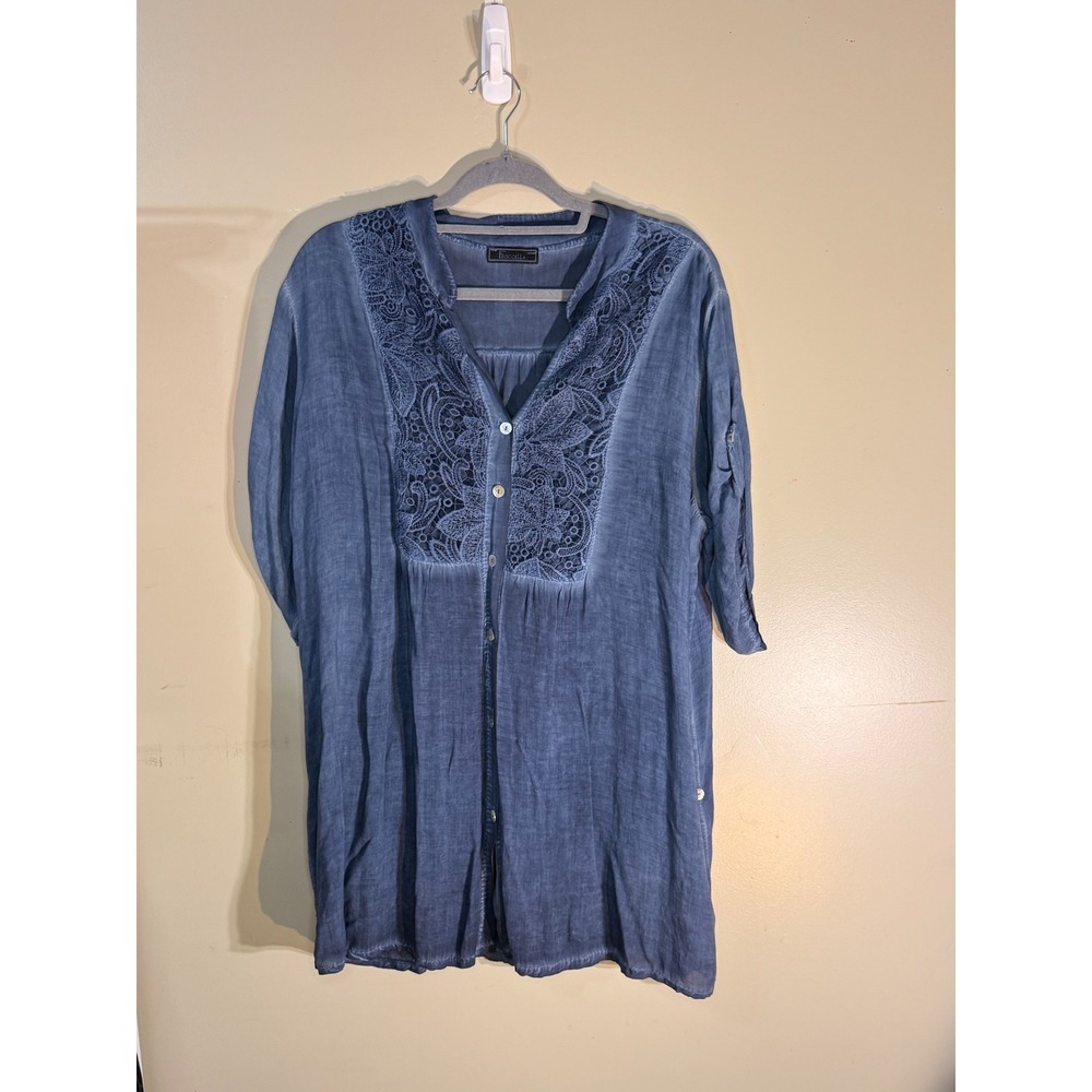 Froccella Italy Blue Lace Embroidered Button Front Tunic Top XL Viscose Boho